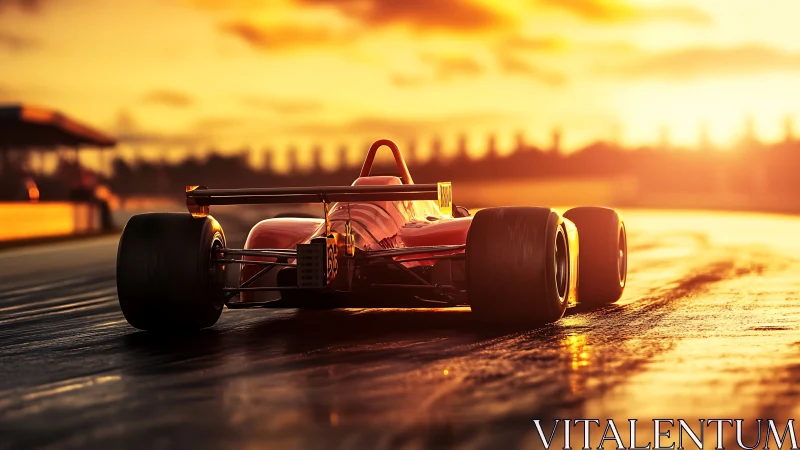 Sunlit red formula race car cornering on wet circuit at dusk.