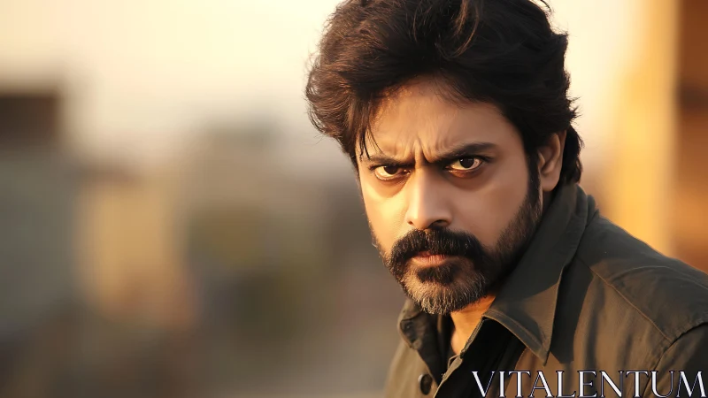 Man with intense stare in warm sunset portrait lighting