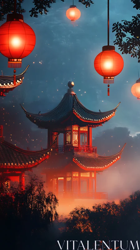 Lantern-lit pagoda in atmospheric dusk fog simulation.