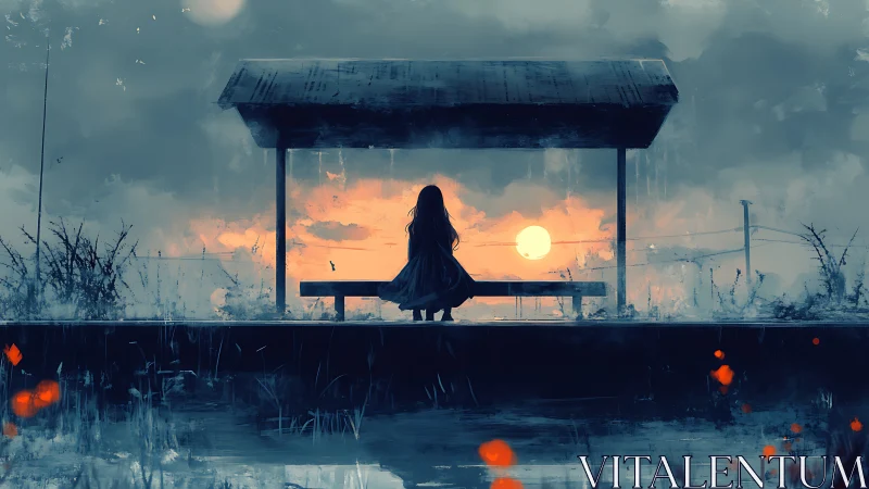 Silhouette of a lone figure at a rural shelter at sunset