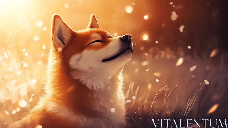 Shiba inu dog in warm sunset light with drifting petals.