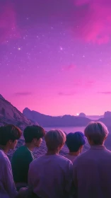 Stargazing friends under neon violet twilight sky.