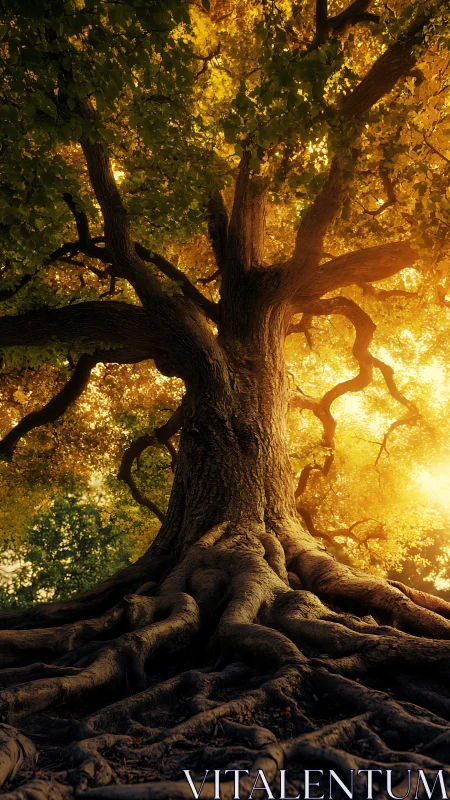 Golden forest tree glowing with roots and gentle evening light.