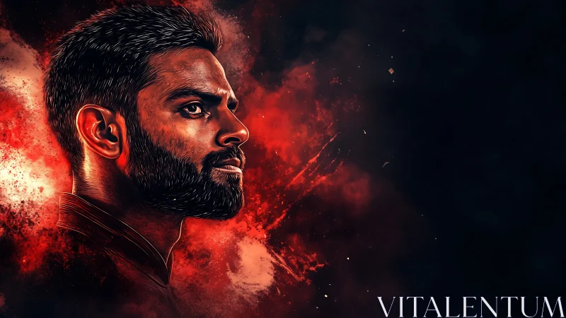 Fiery digital portrait of determined bearded man in profile.