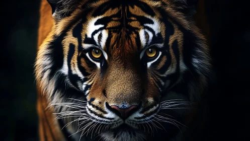 Majestic tiger portrait under dramatic low key lighting.