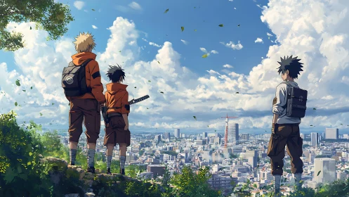 Anime trio overlooking sprawling modern city skyline.