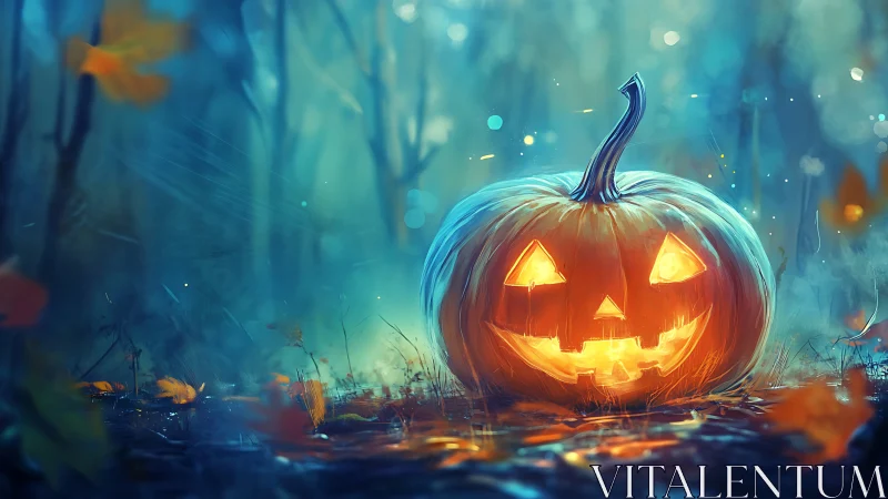 Glowing jack o lantern on forest floor in cool blue light.