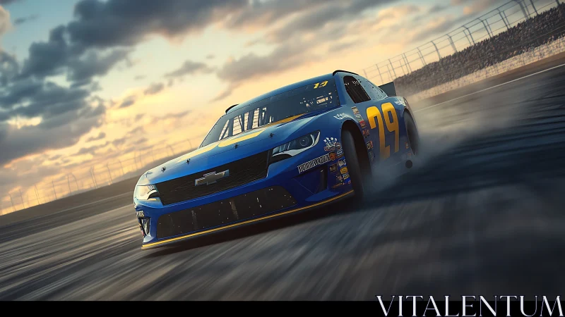 Blue stock car on oval racetrack under evening sky.