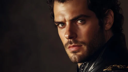 Photorealistic male portrait in chiaroscuro profile lighting.