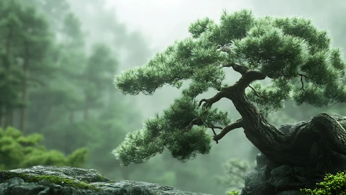 Gentle bonsai guardian leaning into the misty forest hush.