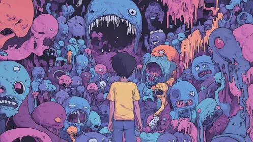 Child confronts neon grotesque horde in surreal comic corridor