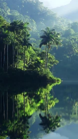 Tropical lakeside forest with palm trees and reflections.