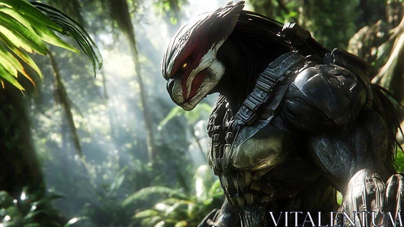 Armored alien predator rendered in tropical jungle light field.