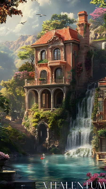 Clifftop villa pouring waterfalls into a secret turquoise canal.