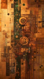 Vertical geometric circuitry in warm industrial tones.