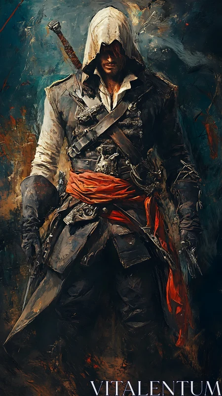 Hooded rogue warrior in weathered armor with red sash.