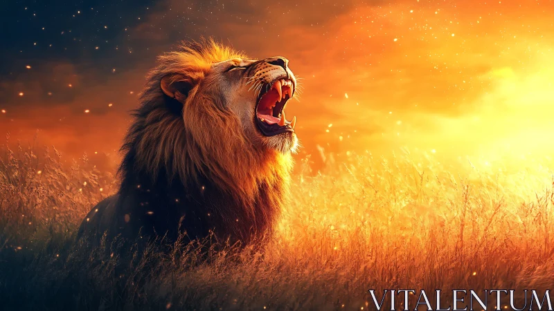 Roaring male lion in backlit golden savanna at sunset glow