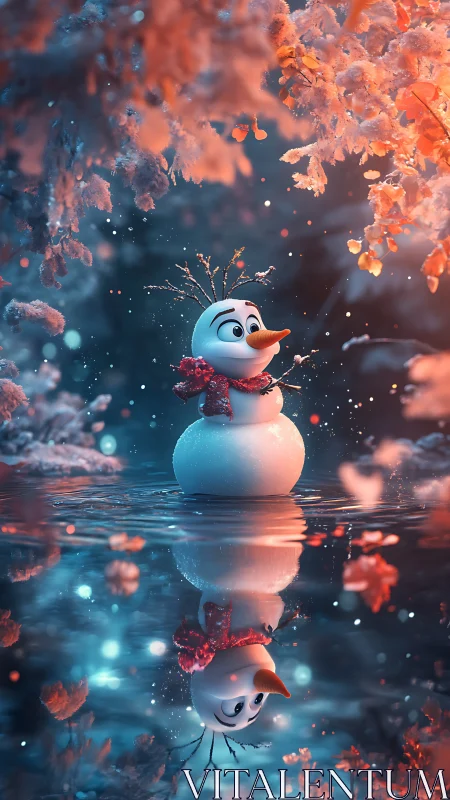 Snowman daydreams by a glowing winter mirror-lake.