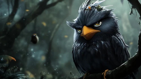 Moody cartoon owl perched in misty forest, digital art style.