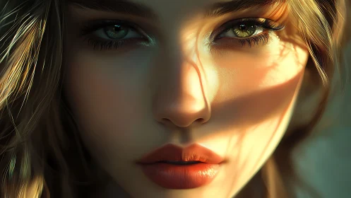Close digital portrait of female face in directional light.