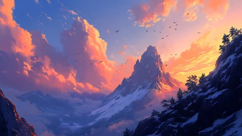 Snow-covered peak under vivid sunset sky with distant birds.