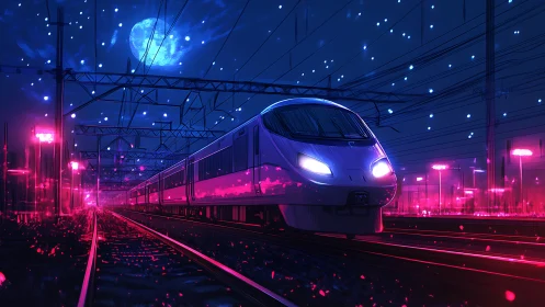 Neon-lit high-speed train under electric catenary at night