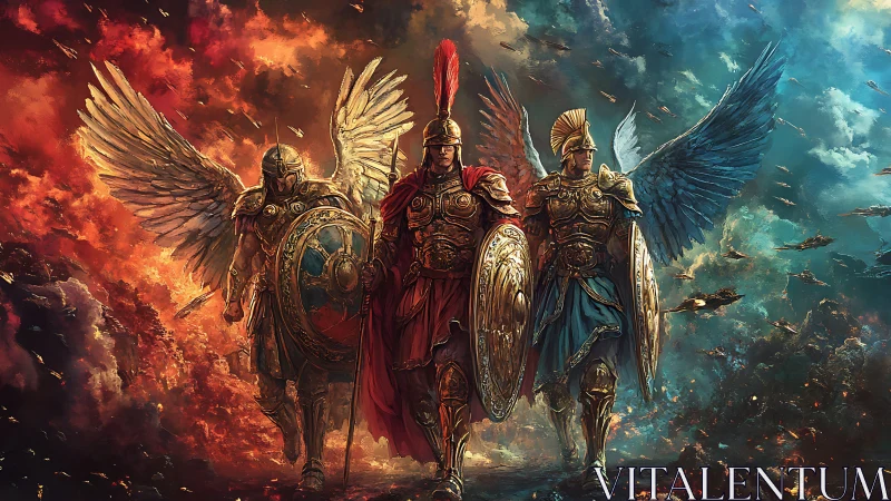 Winged guardians stride between fire and stormy skies.