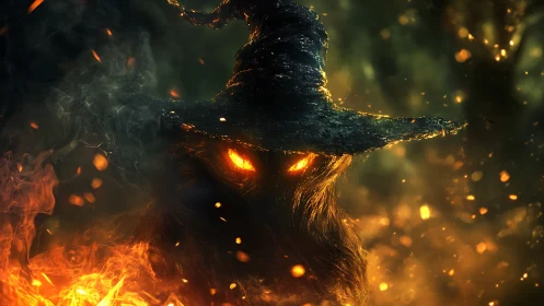 Fiery forest shadow in a ragged witch hat meets your gaze