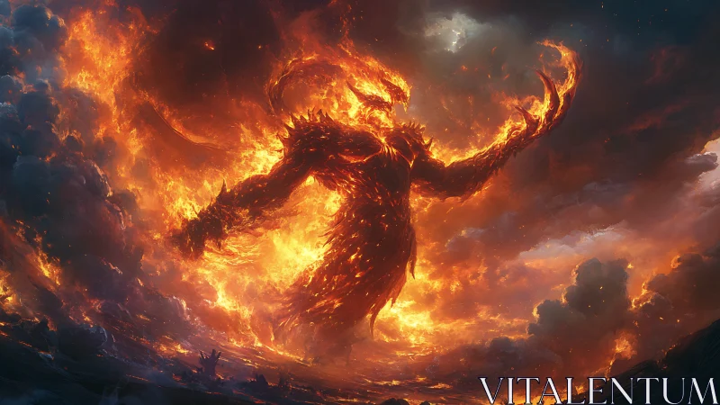 Fiery titan rising from stormy clouds in a blazing sky.