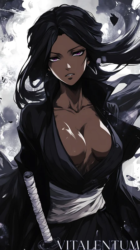 Dark-haired katana warrior in monochrome ink turbulence.