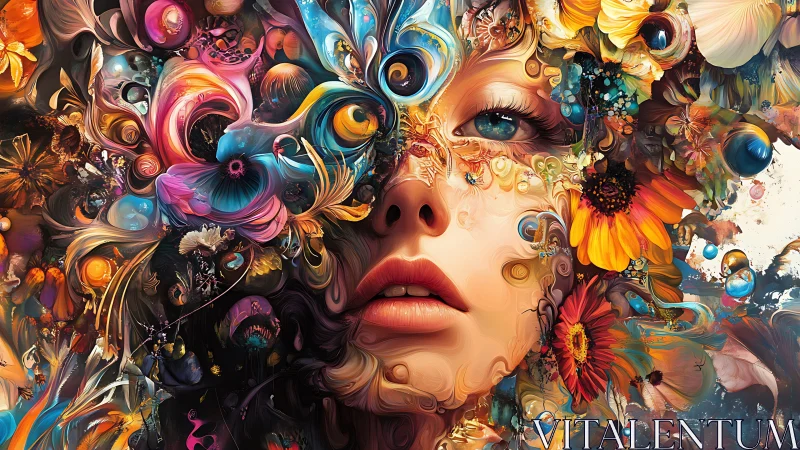 Human face merged with multicolored abstract floral forms.