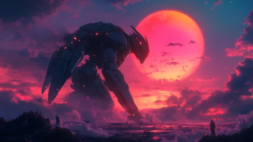 Colossal mech silhouette confronts neon sun over ruined coast