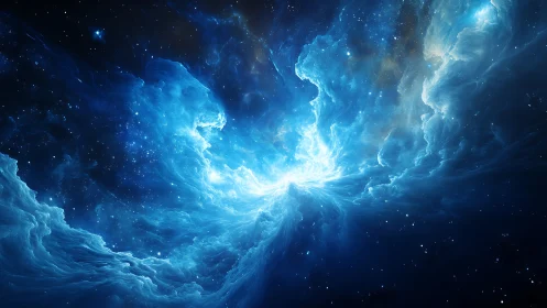 Cosmic blue nebula vortex with luminous stellar core.