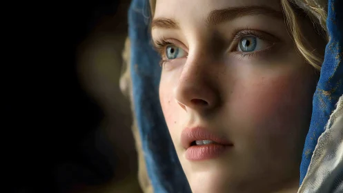 Softly lit blue-eyed portrait under a weathered hooded veil.