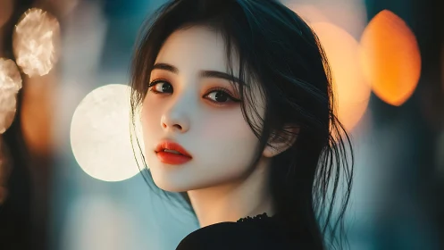 Midnight city muse framed by soft neon constellations.