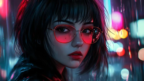 Woman with red glasses in neon city rain scene at night
