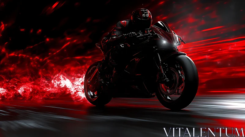 Cyber-noir superbike accelerates through red light trails at speed