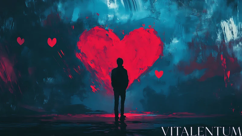 Solitary Figure Confronts a Glowing Heart Within Blue Dreamscape