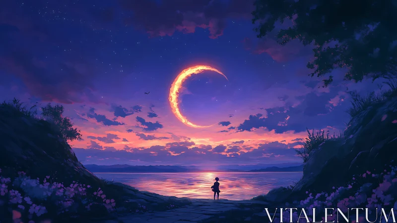 Crescent fire moon over twilight sea with lone watcher.