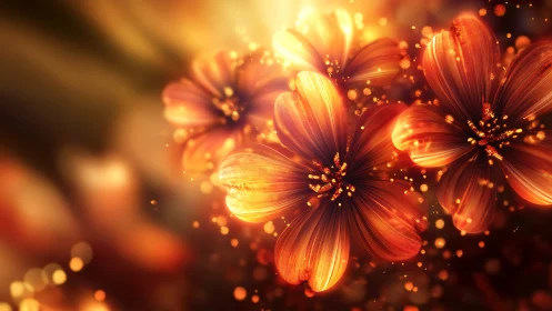 Glowing orange flowers with warm bokeh light effects