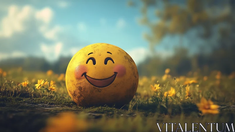 Sunlit smiley sphere resting among wildflower daydreams.