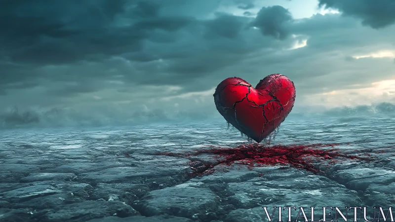 Cracked red heart on desolate stone landscape under clouds.