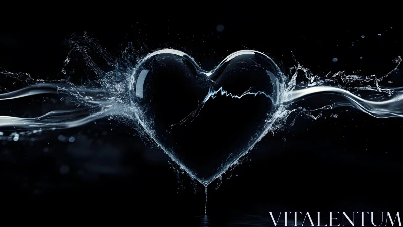 Shimmering Water Heart Splash on Dark Background, Digital Art.