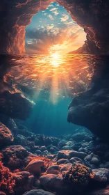 Sunlit sea cave cross-section with volumetric rays and coral floor