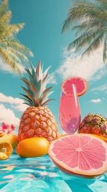 Tropical citrus cocktail glows under dreamy palm-filled skies