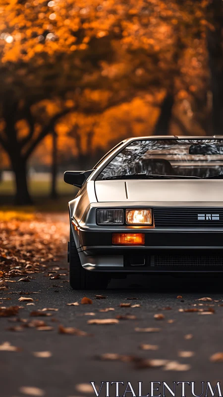 Classic stainless sports car glows under rich autumn light.