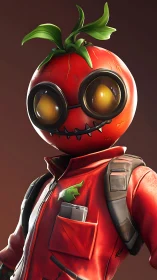 3D tomato-headed adventurer in red jumpsuit portrait.