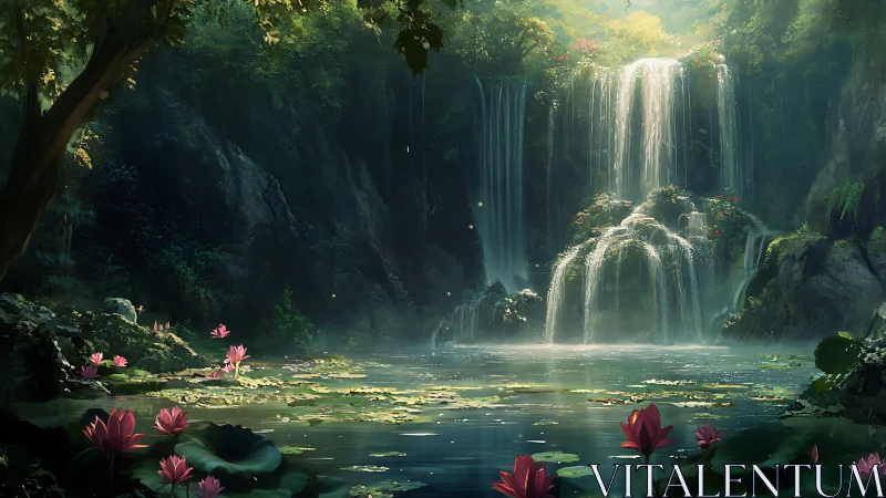 Hidden lily waterfall pool wrapped in soft forest light.