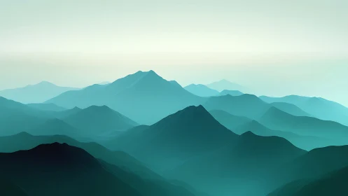 Gentle teal mountains fading into a calm, misty horizon.