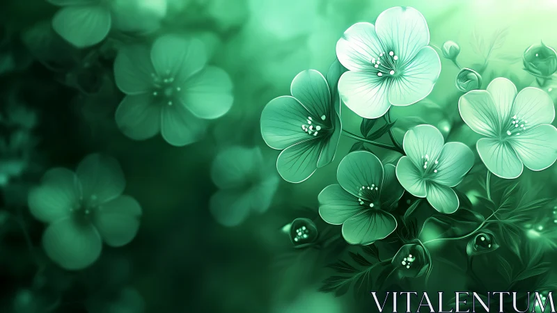 Luminescent Green Floral Cluster: Soft Focus Digital Botanical.